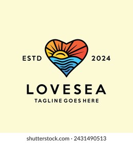 Love Ocean Logo Colorful Vector, Sea Icon Symbol, Beach Creative Vintage Graphic Design