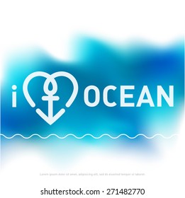 I love ocean - vector cover for brochure in blue tones with heart and anchor emblem. 