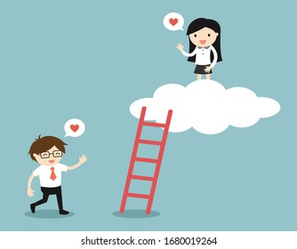 Love in office. Businessman wants to go up to meet business woman. Vector illustration.