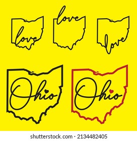 Love and ohio state name in hand writing with map on yellow background can be use for souvenir product coffee mug advertisement poster website template notebook cove eps.
