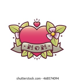Love old-school tattoo design love mom, heart. Editable vector illustration. Logo, sticker, emblem.