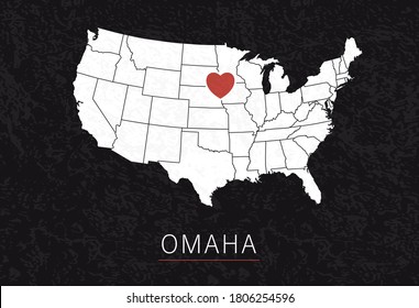 Love Omaha Picture. Map of United States with Heart as City Point. Vector Stock Illustration