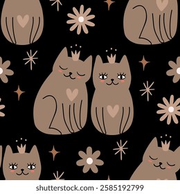Сats in love on black background. Seamless pattern, eps 10