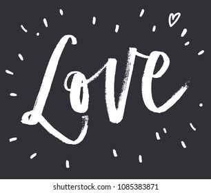 Love on dark grey background with doodles and heart. Love with heart. Hand drawn text design. Vector illustration of "LOVE" with heart. Brush lettering. Phrase for Valentine's day.