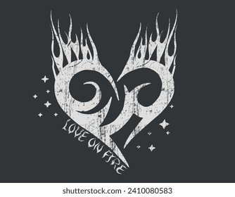 Love On Fire Slogan with Heart Print, Punk Vector Design, Rock Slogan, Heart Gothic Graphic Design