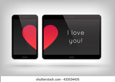 Love on Phone. Vector illustration of smart phones. Happy Valentines Day on Mobile. Phone screen with Hearts.