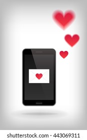Love on Phone. Vector illustration of smart phone with Hearts. Happy Valentines Day on Mobile.