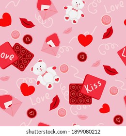 amor en un patrón sin fisuras. Patrón sin problemas para el Día de San Valentín. En un fondo rosado, imágenes vectoriales de corazones, osos de peluche, sobres, caramelos, labios, amor y inscripciones de besos.
