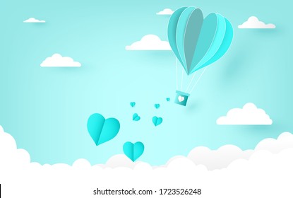 Love on valentines day and blue background with clouds and small hearts Paper cut style illustration