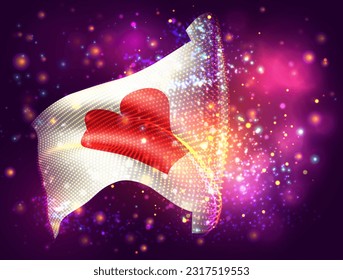 Love, on vector 3d flag on pink purple background with lighting and flares
