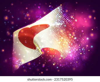 Love, on vector 3d flag on pink purple background with lighting and flares
