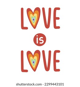 Love is love on white background.Text hand draw.Rainbow color.Pride month concept.LGBTQ plus.Vector.Illustration.