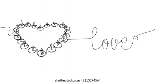 Love one line art. Continuous line drawing of one line phrase with heart shaped candles.
