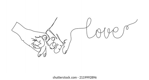 Love one line art. Continuous line drawing of couple in love, lovers hold hands, hold on to fingers, feelings.