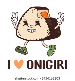 Me encanta el póster de onigiri. Evento de comida japonesa. Retro groovy triángulo de arroz sonriente. Ilustración plana de Vector.