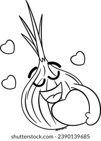 Amar la cebolla con los corazones para colorear. Ilustración vectorial del divertido personaje de caricatura