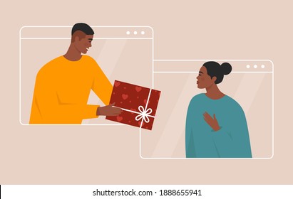 Love online concept. Beautiful young couple celebrating Valentine’s day together, having a video call and giving gifts through a screen. Distant romantic relationship. Flat vector illustration