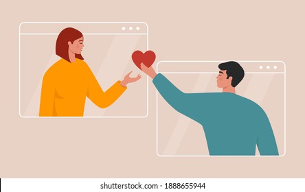 Love online concept. Beautiful young couple celebrating Valentine’s day together, having a video call and holding a heart through a screen. Distant romantic relationship. Flat vector illustration