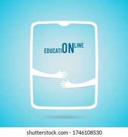 Love Online Education concept. Phone with hands hugs. Vector illustration