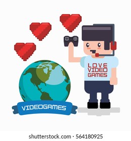 love online games player headset gamepad hearts world vector illustration eps 10