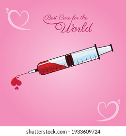 Liebe ist das einzige Heilmittel-Zitat mit einer Injektion voller Liebe und Fürsorge. Eine Illustration des medizinischen und allgemeinen Projekts zur Sensibilisierung für das Leben. Kann in grafischen Posts und Poster des Gesundheitswesens verwendet werden.