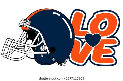 love - orange and navy blue football player helmet, sport vector graphics, American football; street art - graffiti lettering typography - multicolor art illustration 