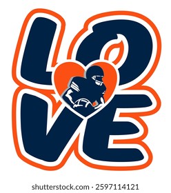 love - orange and navy blue football player, sport vector graphics, American football; street art - graffiti lettering typography - multicolor art illustration 