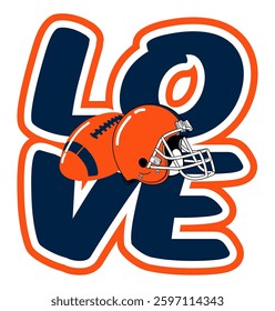 love - orange and navy blue football player helmet and ball, sport vector graphics, American football; street art - graffiti lettering typography - multicolor art illustration 