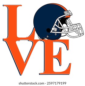 love - orange and navy blue football player helmet, sport vector graphics for street art - graffiti lettering typography - art illustration - writen