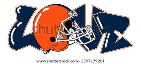 love - orange and navy blue football player helmet, sport vector graphics for street art - graffiti lettering typography - art illustration - writen