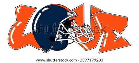 love - orange and navy blue football player helmet, sport vector graphics for street art - graffiti lettering typography - art illustration - writen