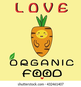 Love organic food cute orange carrot on yellow background with plant leaf vector