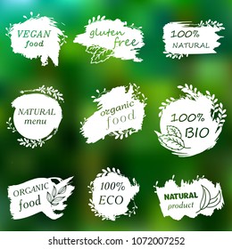 I love organic. Vector illustration for menu of restaurants, packaging. Set of logos, icons, design elements. Doodle logos. Natural food, organic food, veggie food. Healthy food label. Ha