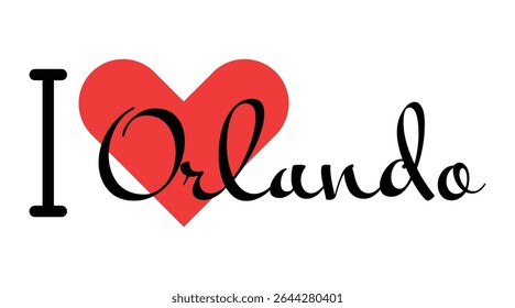 I love Orlando, city of United States. Hand drawn letters with red heart. Vector illustration lettering, modern design for print t shirt, banner, poster, sticker or label.
