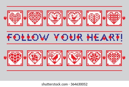 Love ornament greeting card in ethnic style with hearts, birds and flowers. Traditional folklore characters. Cross-stitch. Vector illustration