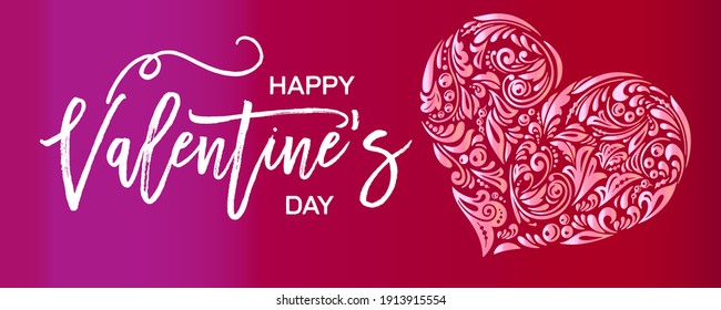 Love ornament. Valentines day.  Feminine typography. Openwork drawing heart. Sweet Heart and Pink Heart on rose and red background.