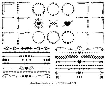 Love ornaments. Wedding hearts ornamental, decorative heart border and in love frame design ornament. Hand drawn swirl love borders or floral dividers. Vector isolated elements icon set