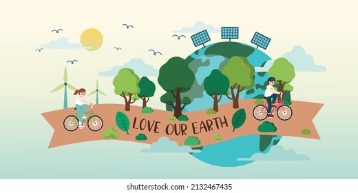 Love Our Earth Concept, Clean Energy World, Car Free Day, Vector, Illustration