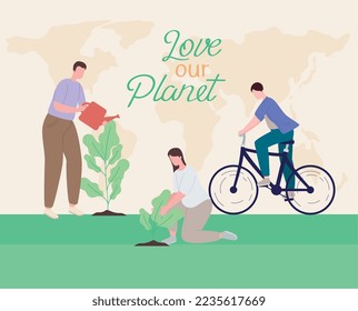 Love our planet banner with people planting