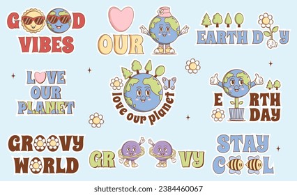 Love our Planet, Earth day, Groovy World, Good Vibes, Stay Cool sticker set in trendy groovy style. Funny vector earth character and mascot. Eco friendly conception. Vector art