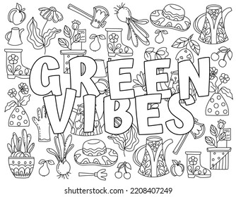 Love our planet, green vibes. Hand drawn coloring page for kids and adults. Eco concept, zero waste. Beautiful drawing with patterns and small details. Coloring book pictures. Vector