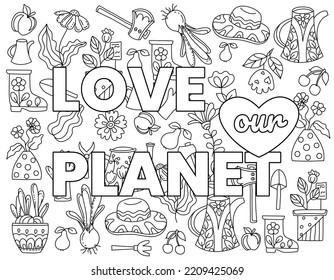 Love our planet, green vibes. Hand drawn coloring page for kids and adults. Eco concept, zero waste. Beautiful drawing with patterns and small details. Coloring book pictures. Vector