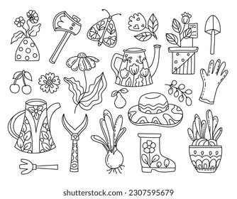 Love our planet, green vibes. Hand drawn coloring page for kids and adults. Garden, farm objects. Beautiful drawing with patterns and small details. Coloring book pictures. Vector