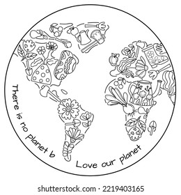 Love our planet, there is no planet B. Hand drawn coloring page for kids and adults. Eco concept, zero waste. Beautiful drawing with patterns and small details. Coloring book pictures. Vector