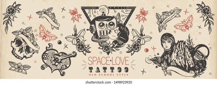 Love in outer space. Lovers. Kissing robot, girl astronaut, mechanical heart, Mars mountains. Retro futuristic old school tattoo collection. Vintage sci-fi movie funny art. Traditional tattooing style