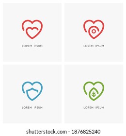 Love outline logo set. Heart, address pointer, shield and green leaf symbol - health care, mother and child, social work, protection and safety, favorite place, nature, ecology and environment icons.