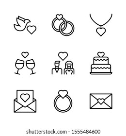 Love Outline Vector Icon Set 2, Dove, Wedding Ring, Necklace, Drink, Couple, Wedding Cake, Invitation, Ring and Love Letter