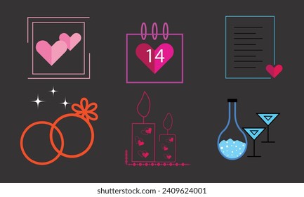 Juego de iconos vectoriales de contorno de amor, feliz, romántico, corazón, símbolo de amor empacar ilustración vectorial.