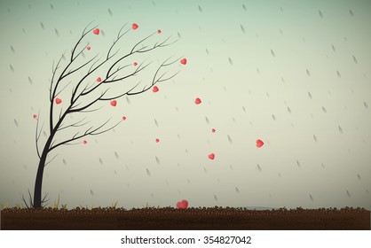 love is over, end of romantic feelings, tree with red hearts falling like autumn leaves, vector