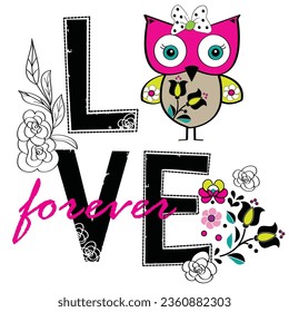 Love owl with flowers vector illustration. Owl cartoon.